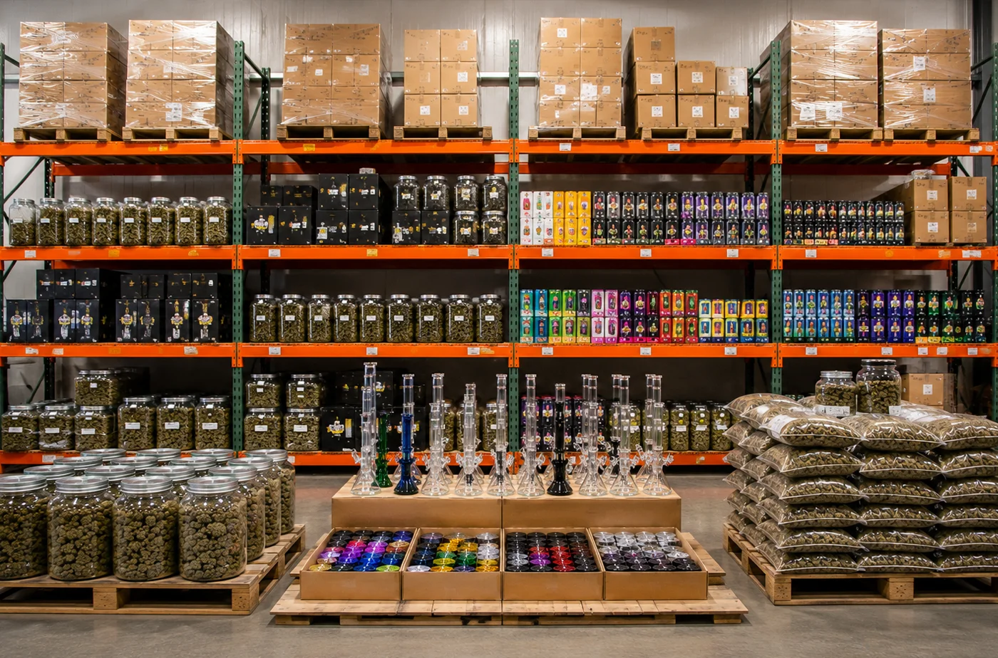 Wholesale oil burner pipe display with glass pipes, bulk inventory, and smoke shop supplies by Pipe King Wholesale